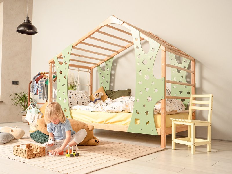 脚とスラット付きモンテッサーベッド、クライミングセット、幼児用ベッド、モンキーベッド、ジム - その他の家具 - 木製 多色