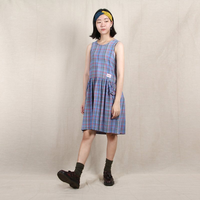 [Egg plant ancient] water color lattice cotton sleeveless dress - One Piece Dresses - Cotton & Hemp Blue