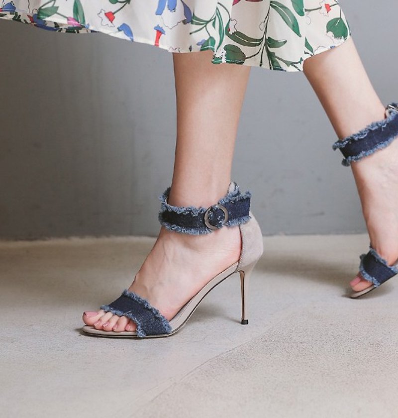 Qinliang ankle blue denim wrapped leather thin sandals - รองเท้ารัดส้น - หนังแท้ สีน้ำเงิน