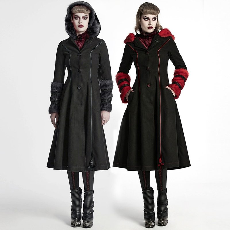 Gothic Ironwood Witch Gemstone Fur Collar Long Jacket - Black/Red/Detachable Wool - Women's Blazers & Trench Coats - Other Materials Red