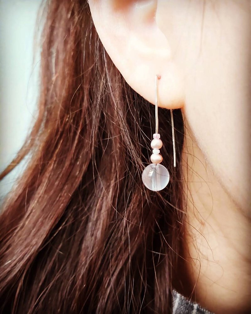 Natural rose quartz/warm purple orange natural freshwater pearl earrings silver 925 - Earrings & Clip-ons - Semi-Precious Stones 