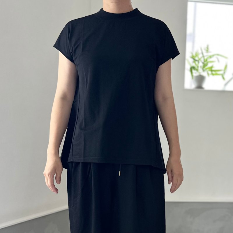 【接触冷感】フレンチスリーブ スラントシームプルオーバー 2色展開【ブラック】2025新作 - 女 T 恤 - 尼龍 黑色