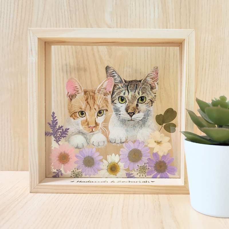 手繪貓咪の花花世界|客製化.細壓克力乾花畫框|情人節.生日禮物 - 相框/畫框 - 塑膠 