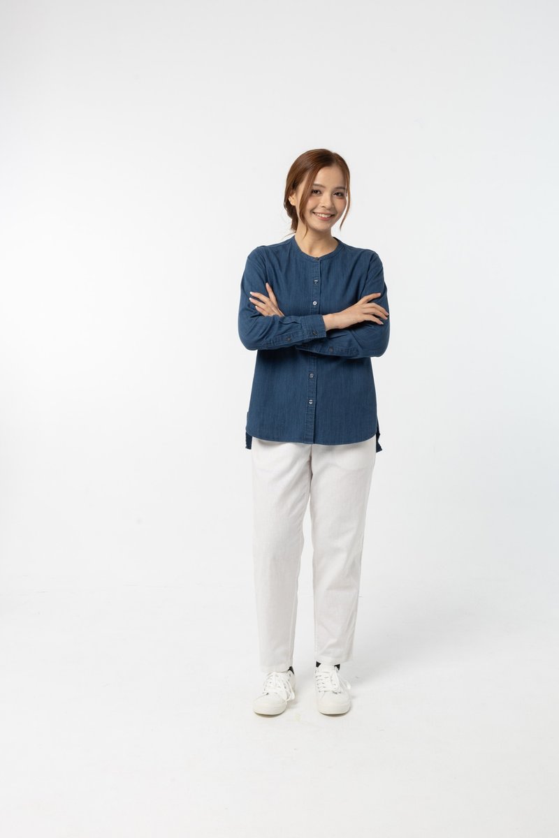 マンダリンカラーシャツ：長袖 (インディゴブルー, น้ําเงินอินดิโก) 長袖襯衫 - シャツ メンズ - コットン・麻 ブルー