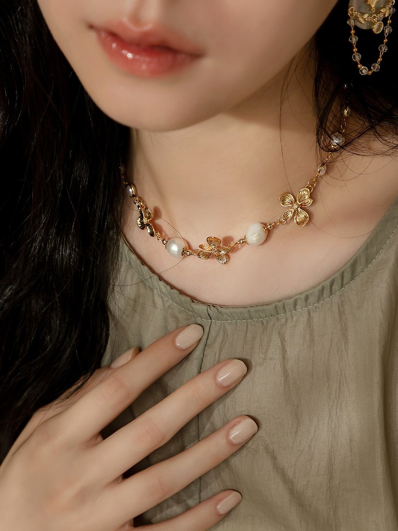 Blush at noon. MUCHAT handmade 14KGP natural pearl zircon flower piece necklace - สร้อยคอ - โลหะ ขาว