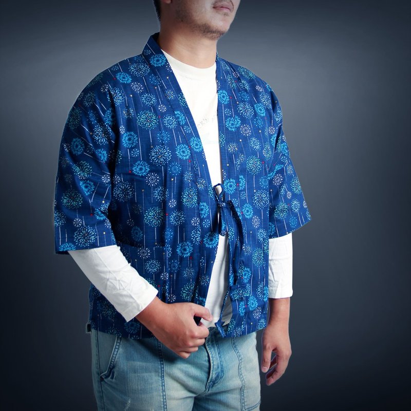 Japanese style jacket-Japanese style fireworks (blue) - เสื้อโค้ทผู้ชาย - ผ้าฝ้าย/ผ้าลินิน สีน้ำเงิน