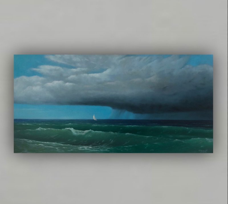 Original Seascape Oil Painting On Canvas Stormy Landscape Modern Art Sky Artwork - 壁貼/牆壁裝飾 - 棉．麻 多色