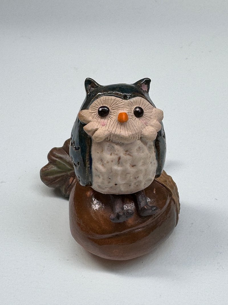 Sounds of the Forest - Owl Sitting on an Acorn 1 - Stuffed Dolls & Figurines - Pottery Brown