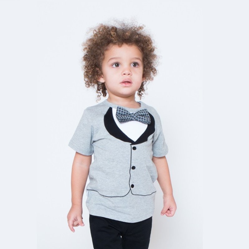 [Clear product] American Frenchie MC Boys Short Sleeve Top-Three-dimensional Grey Bow Tie Tuxedo - Tops & T-Shirts - Paper Gray