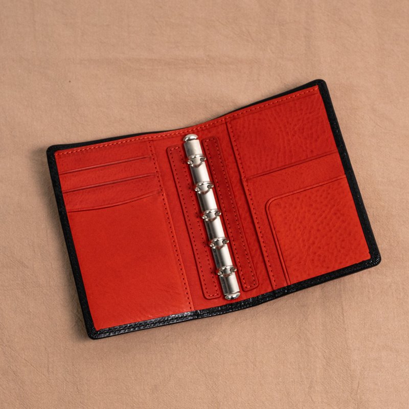 M5 5 Hole Leather Binder Minimalist Pocket | Universal Handbook- Minerva Box Black Red (Without Buckle) - สมุดบันทึก/สมุดปฏิทิน - หนังแท้ สีแดง