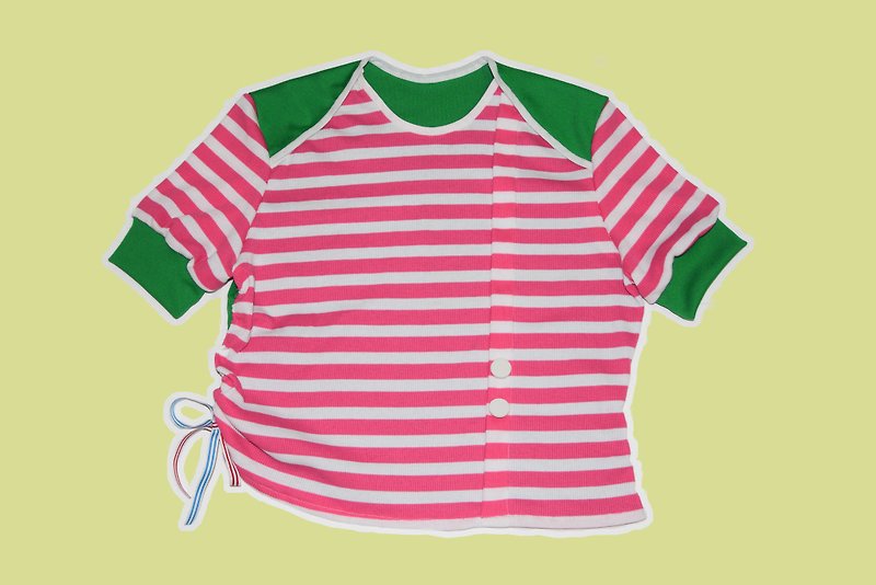 Pinky Stripe x Green Short Sleeves Cutting Top - Women's Tops - Polyester Pink