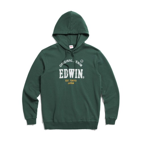 EDWIN 臺灣總代理 EDWIN 大英文字徽章長袖連帽T恤-男款 (墨綠色) #上衣