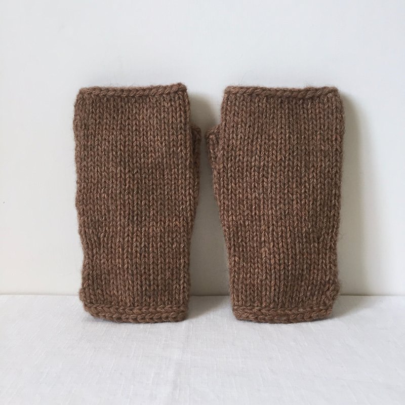 曉織物-手工編織露指手套-Fringe（氂牛毛+美麗諾羊毛） - 手套 - 羊毛 咖啡色