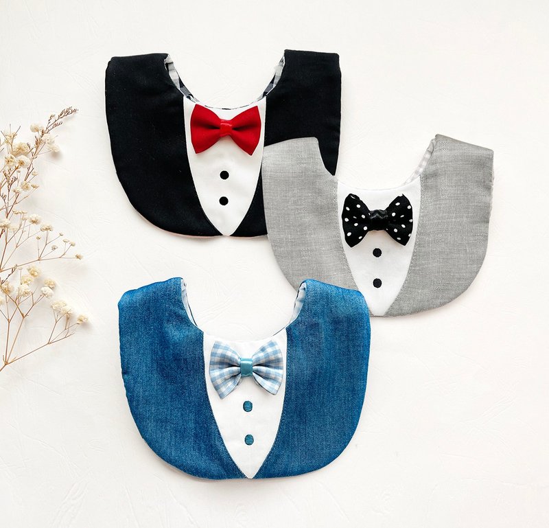 [Fast Shipping] Retro Series Gentleman’s Bow Tie 3-Color Reversible Bibs and Mouth Clothes First Year Gift - Bibs - Cotton & Hemp Black