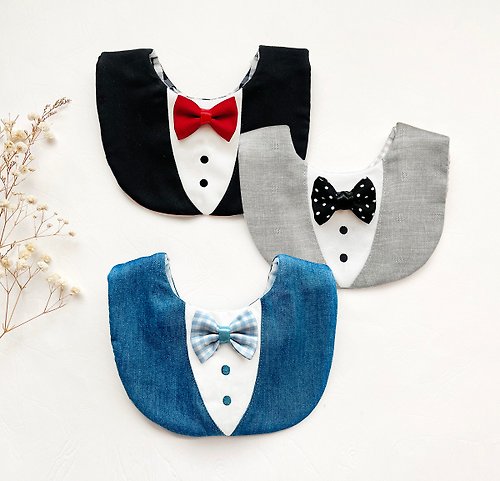 DOMOMO 【快速出貨】復古系列 紳士領結 3色 雙面造型圍兜 口水巾周歲禮