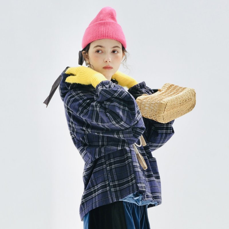 復古藍色格紋連帽外套 秋季雙層棉 - 女大衣/外套 - 棉．麻 藍色