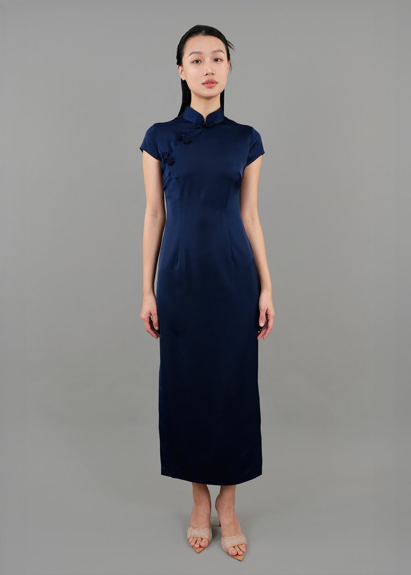 Primrose Cap Sleeve Qipao w Mesh Back (Dark Blue) | Cocktail Dress - Qipao - Other Materials Blue