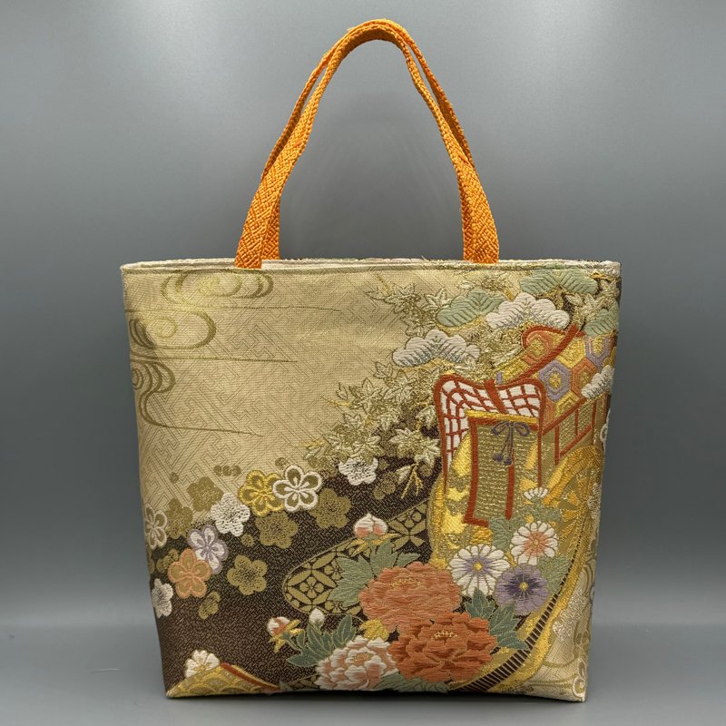 着物 帯 帯締め ハンドメイド トートバッグ リメイク 金 花 - 手提包/手提袋 - 絲．絹 金色