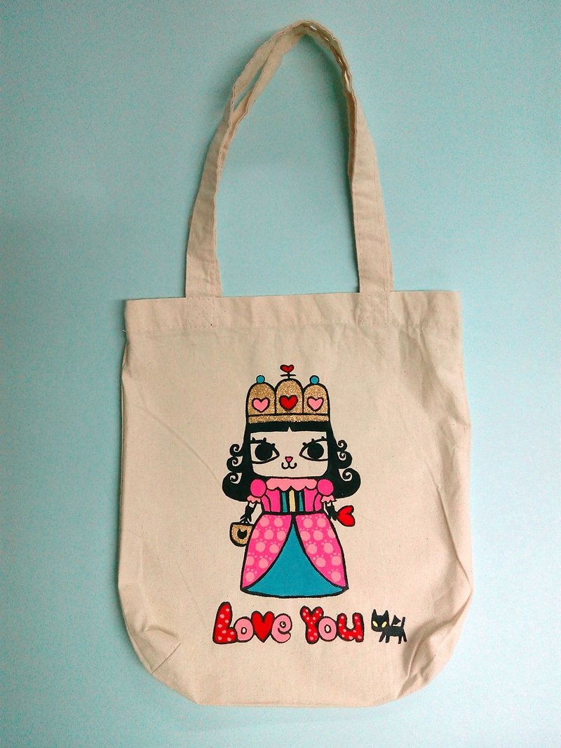 香港設計自家品牌公主不死貓手繪tote bag/帆布袋/環保袋/細袋 - 側背包/斜孭袋 - 棉．麻 白色