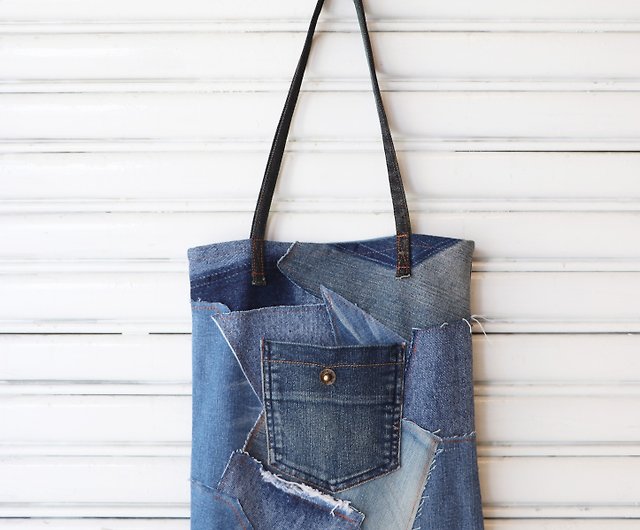 Upcycled Handcrafted Denim Jeans Blue Chequered Tote Bag