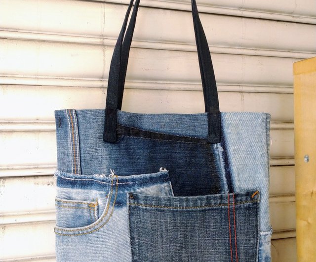 Upcycled Handcrafted Denim Jeans Blue Chequered Tote Bag