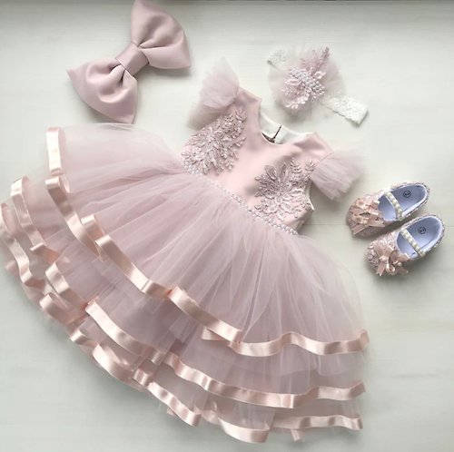 V.I.Angel Blush pink dress with lace, ribbon and pearls, headband, shoes. Birthday dress.