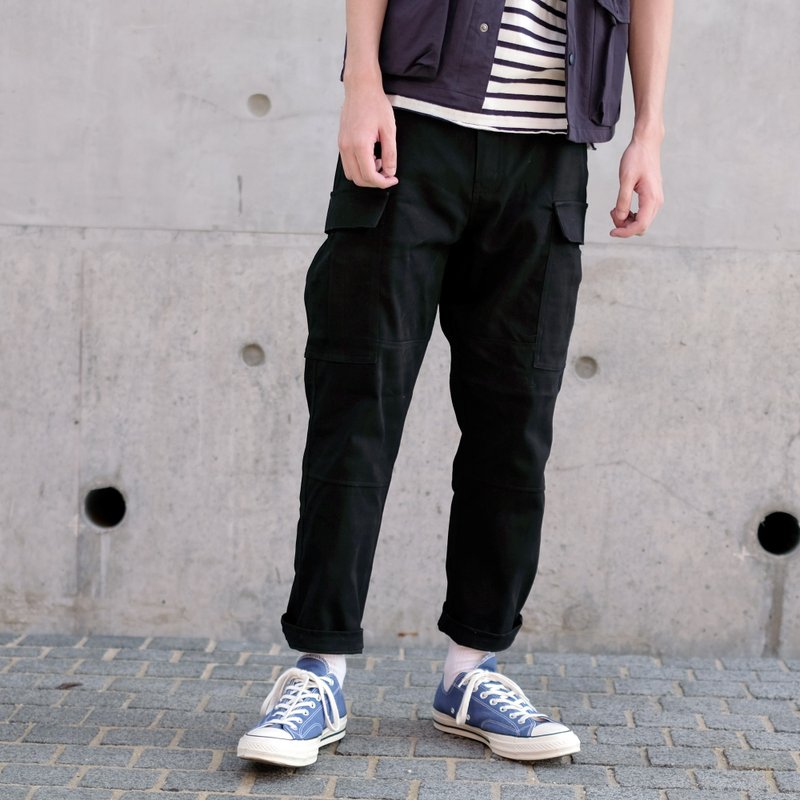 寬版雙袋九分褲 /軍褲/Cargo/Chino/Pants/簡約/素色/情侶服 - 男長褲/休閒褲 - 棉．麻 黑色