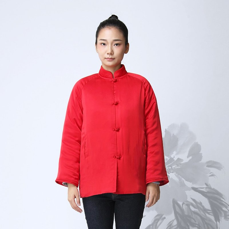 不服  賀歲中國風棉衣棉襖 結婚禮服 唐裝 桑蠶絲本命年紅色 訂製 - 女大衣/外套 - 絲．絹 紅色