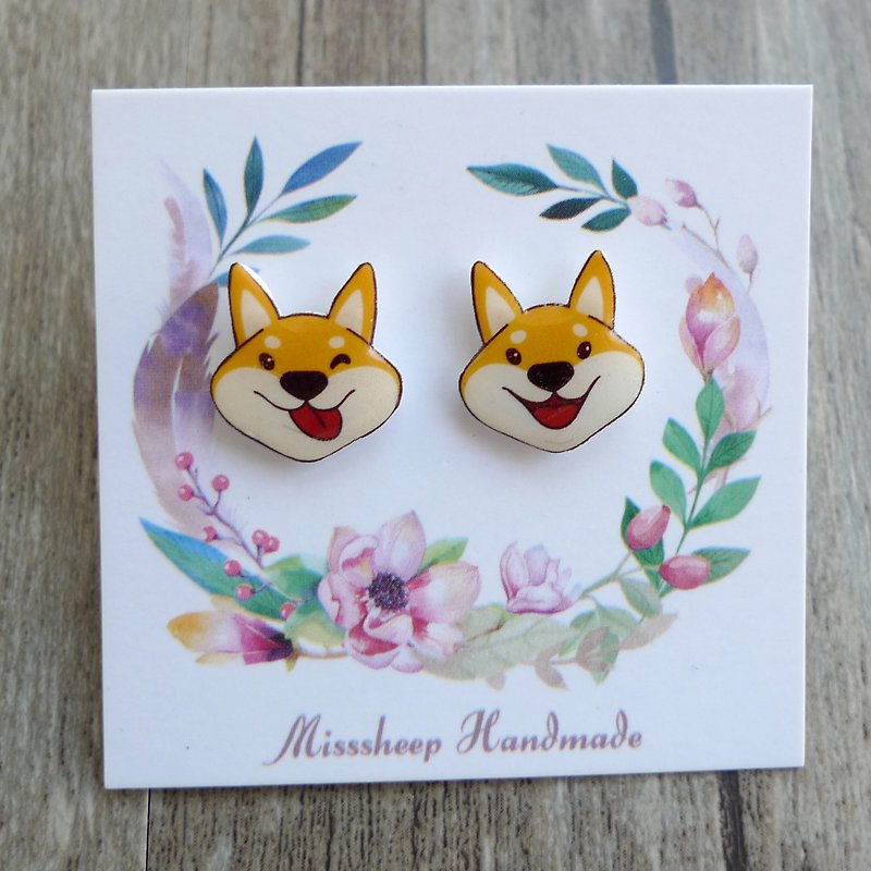 Misssheep- [bring me home - dog series] multi-expression Shiba Inu hand made earrings (ear needle / transparent ear clip) - Earrings & Clip-ons - Plastic Orange