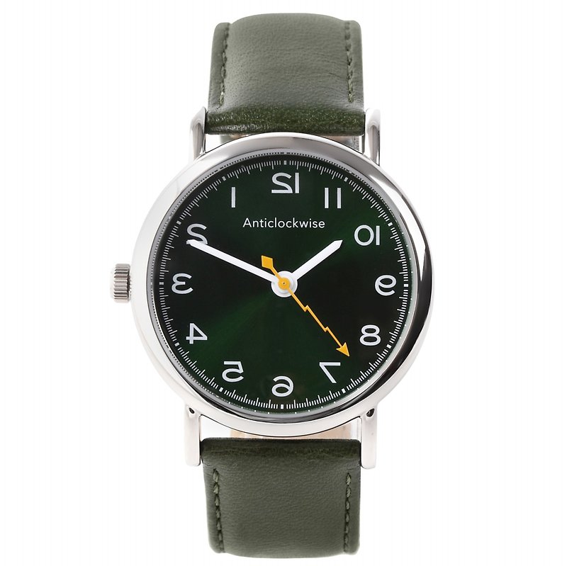 Reverse Rotation Watch Anti Clockwise Unisex Green Dial / Arabic Numerals / Green Genuine Leather Belt AC-GR - Women's Watches - Other Metals 