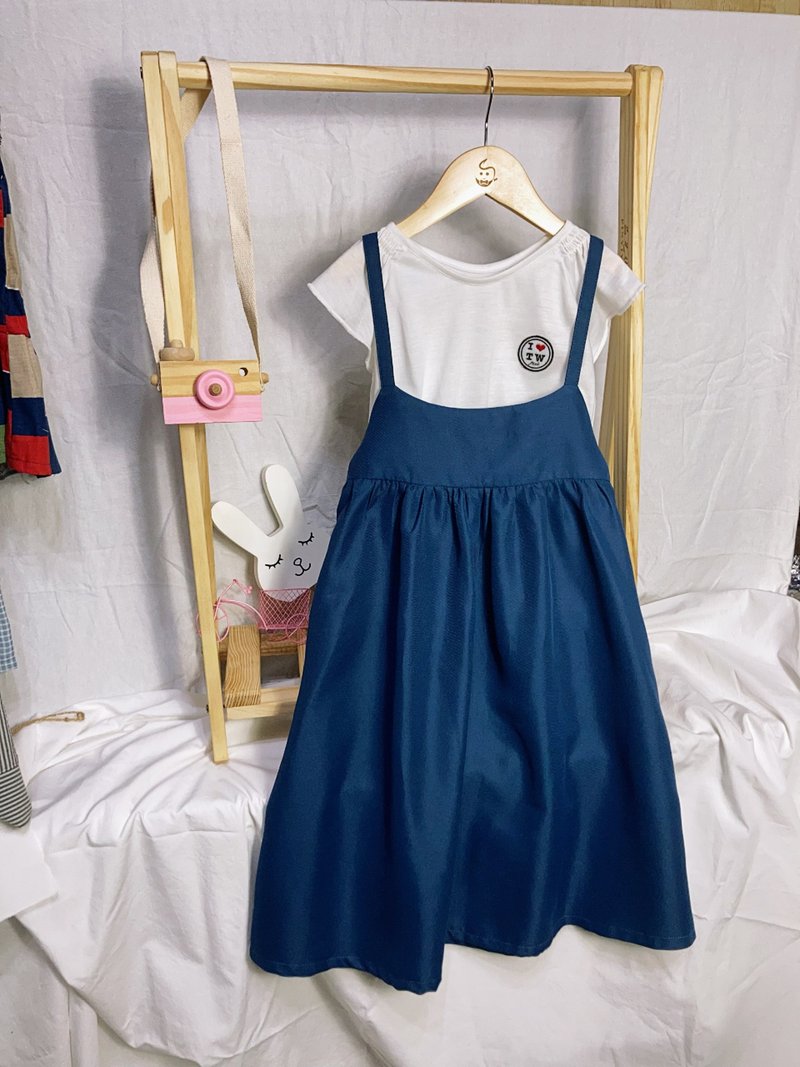 Big smile blue A-line suspender skirt - Skirts - Cotton & Hemp Blue