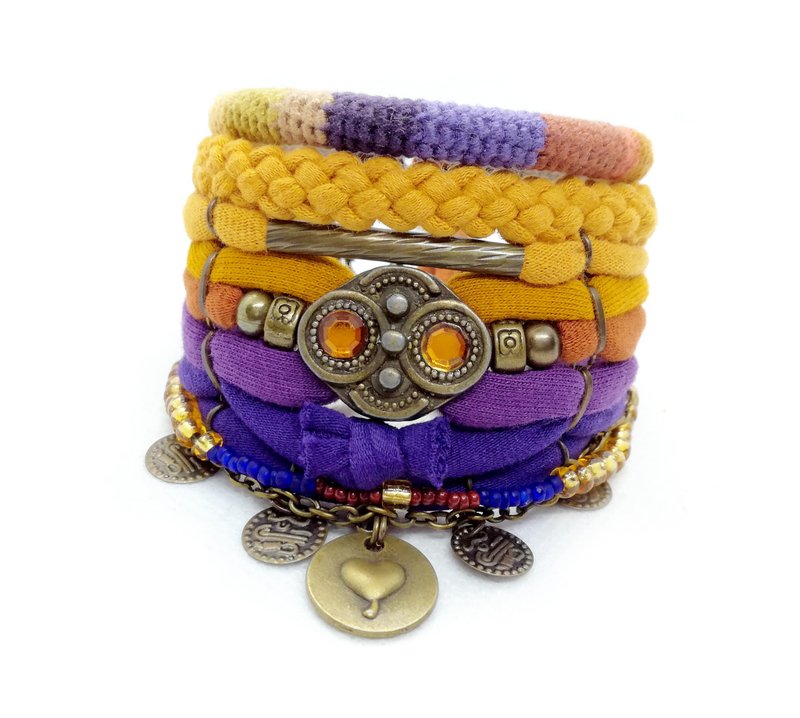 Boho Bracelet Set Yellow Purple Bohemian Bracelet Costume Jewelry Heart Charm - 手鍊/手環 - 棉．麻 黃色