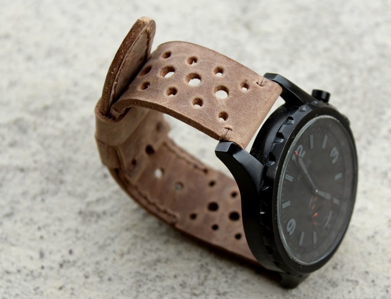 Real Leather Watch Band, Cocoa Rally Men's Leather Watch Strap perforated band - สายนาฬิกา - หนังแท้ สีกากี