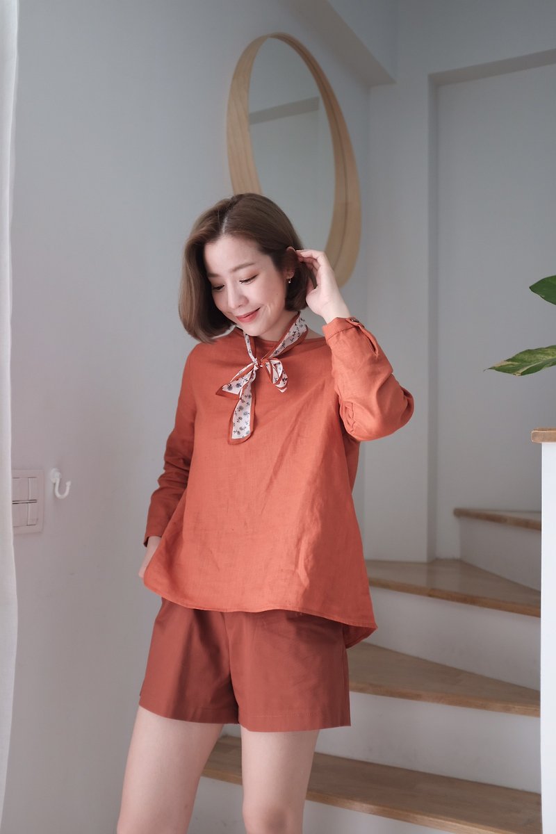 Kate set - Burnt Orange, Long sleeve linen top with high wai - 女上衣/長袖上衣 - 棉．麻 橘色