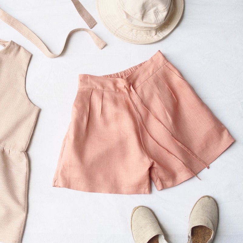 Linen Short Pants - Coral - 女長褲 - 棉．麻 粉紅色