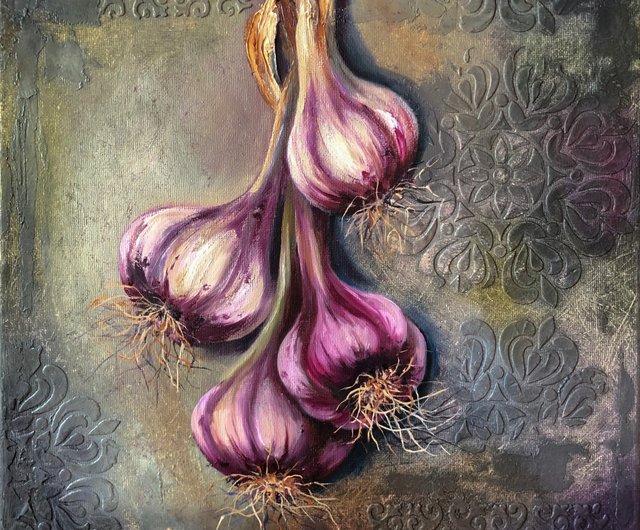 キッチン静物画油絵オリジナルのニンニクの絵 - ショップ ArtLolitaRos