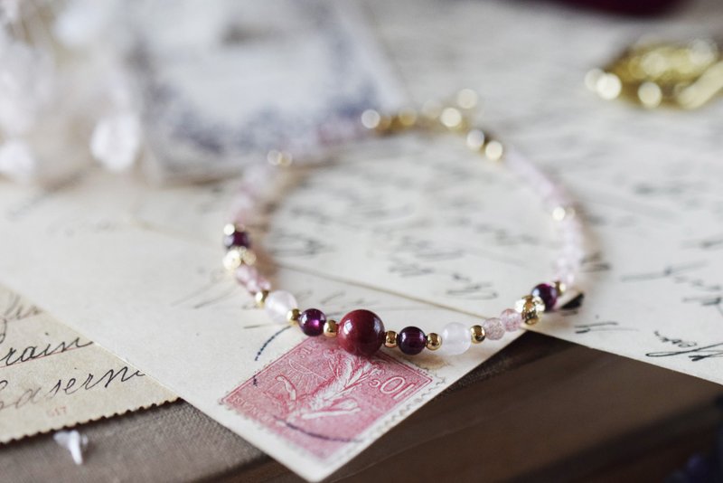 Dawn。Cinnabar Strawberry Quartz Rose Quartz Garnet Natural Stone Bracelet - Bracelets - Crystal Red