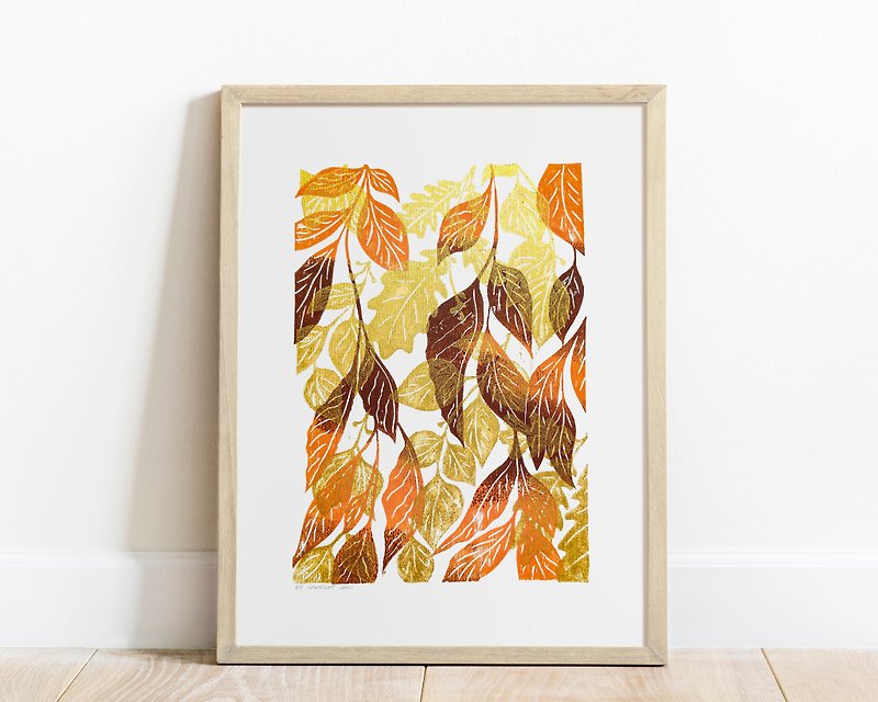 Gold orange brown fall leaves Linocut print Original artwork Autumn bedroom art - Posters - Paper Orange