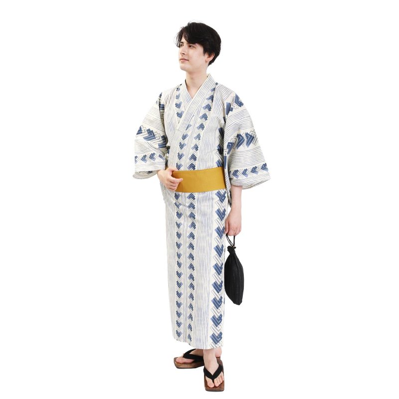 Men's cotton yukata and obi 2-piece set SML size Z32-08A yukata - Other - Cotton & Hemp Blue