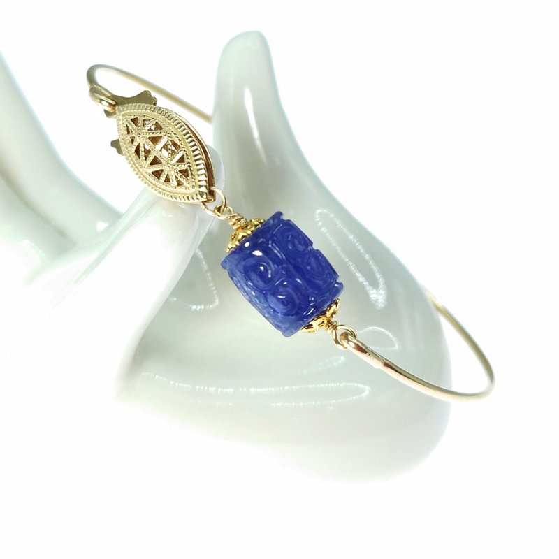 手環 手鍊 丹泉石 坦桑石 14k包金 回紋雕刻 桶珠 筒珠 注金 - 手鍊/手環 - 寶石 