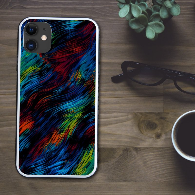 細い筆の絵の具で美しく水や風が流れるようなカラフルな線がかっこよく、お洒落さや自然の神秘を感じさせる スマホケース【強化ガラス仕上げ】iPhone16 対応 - 手機殼/手機套 - 塑膠 多色