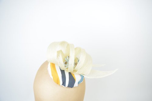 Elle Santos Fascinator Headpiece wJewelled Flowers, Ivory Twirls in White Mustard and Blue