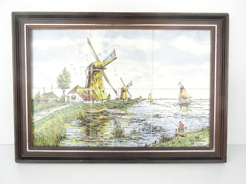 Vintage Antique Dutch Delft Tableau Blue Tiles Porcelain Authentic Blue Windmill - 壁貼/牆壁裝飾 - 陶 多色