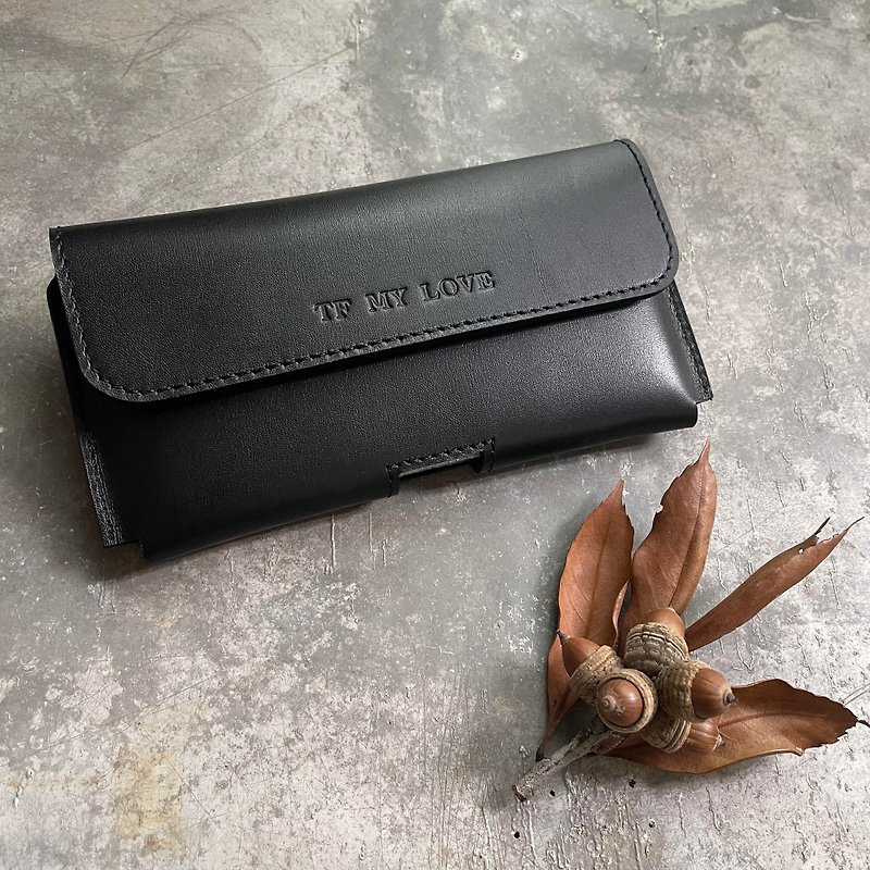 Horizontal waist-mounted mobile phone leather case customized black customized gift - เคส/ซองมือถือ - หนังแท้ สีดำ