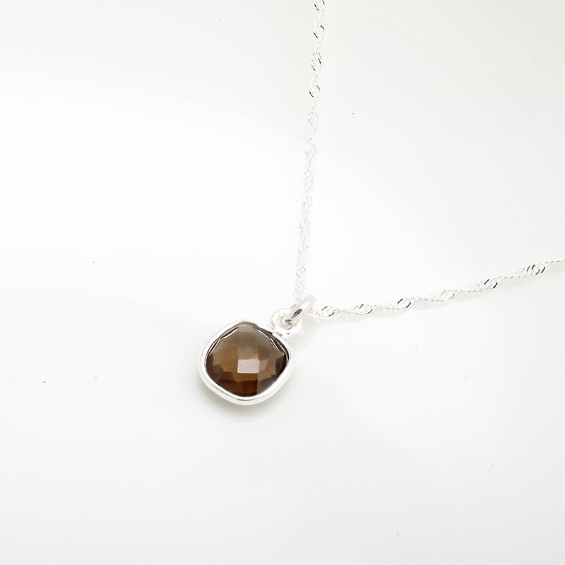 Square Beige Crystal Smoky quartz s925 sterling silver necklace Valentine - Necklaces - Crystal Brown