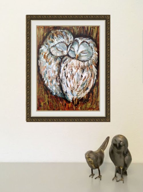 フクロウの絵 オリジナル アート キャンバス カップル鳥二匹の