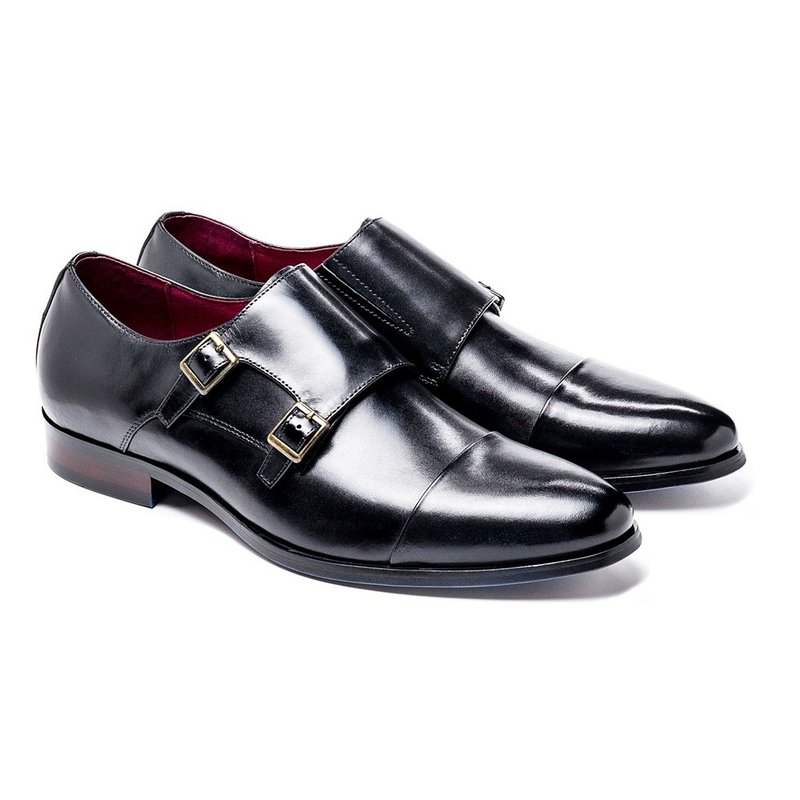 Hand-painted horizontal double-button Monk shoes black - รองเท้าหนังผู้ชาย - หนังแท้ 