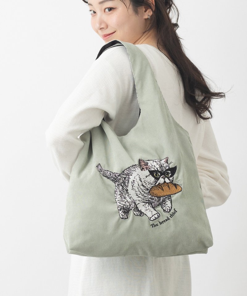 Jubilee Animal Embroidery Corduroy Tote Bag Cat Mint - Messenger Bags & Sling Bags - Polyester Green