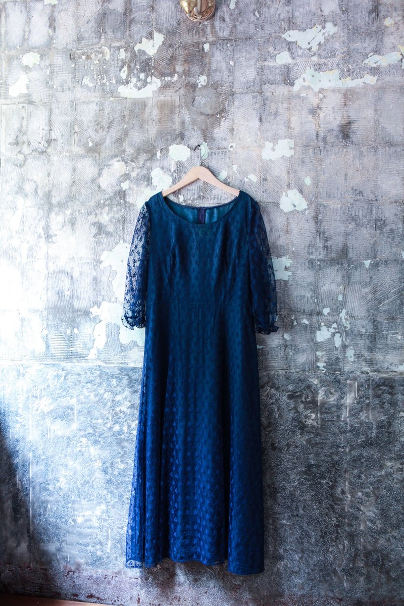 Niao Niao Department Store-Vintage American dark blue full lace dress - One Piece Dresses - Polyester 