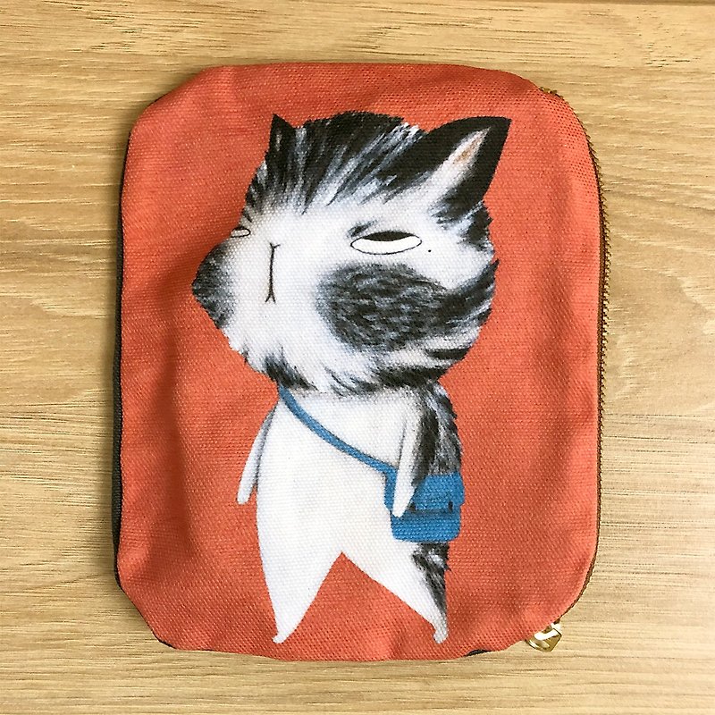 emmaAparty插畫小包:不想上班的貓咪 - 化妝包/收納袋 - 棉．麻 橘色